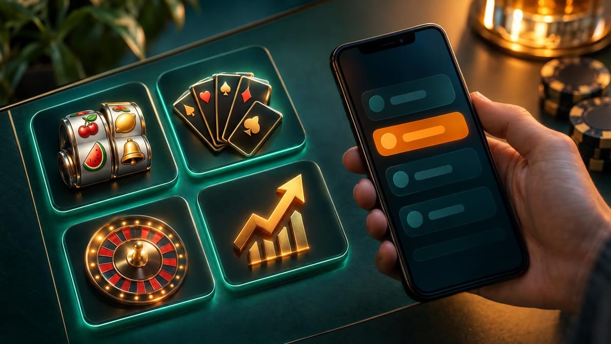 Menu de categorias de jogos de cassino com slots, mesas, roleta e crash